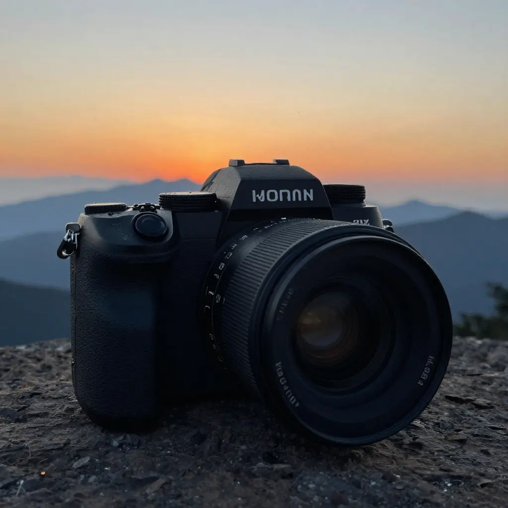 Professional mirrorless camera capturing sunset over mountains